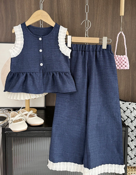 Pleated Charm Two‑Piece Set – Navy & Pink