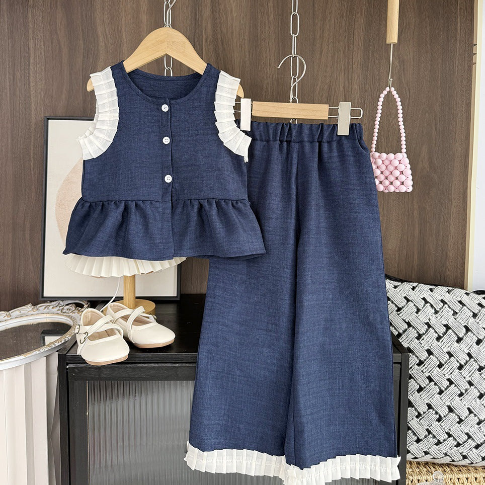 Pleated Charm Two‑Piece Set – Navy & Pink