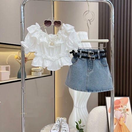 Ruffle Charm Top & Denim Skirt Set