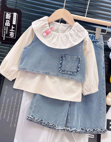 Ruffle Collar Blouse, Denim Vest, and Wide-Leg Pants 3-Piece Set