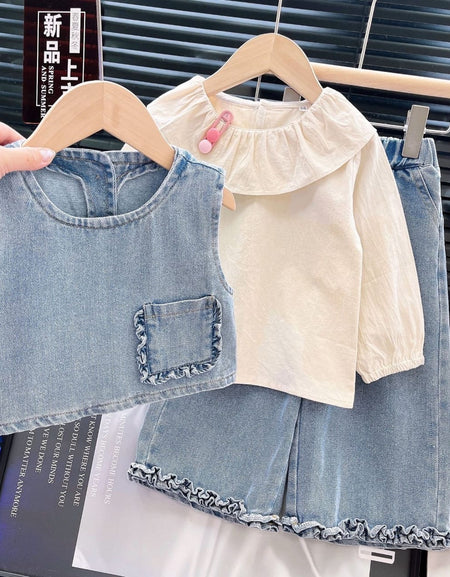 Ruffle Collar Blouse, Denim Vest, and Wide-Leg Pants 3-Piece Set
