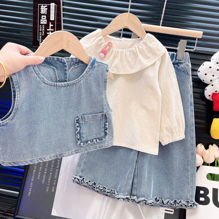 Ruffle Collar Blouse, Denim Vest, and Wide-Leg Pants 3-Piece Set