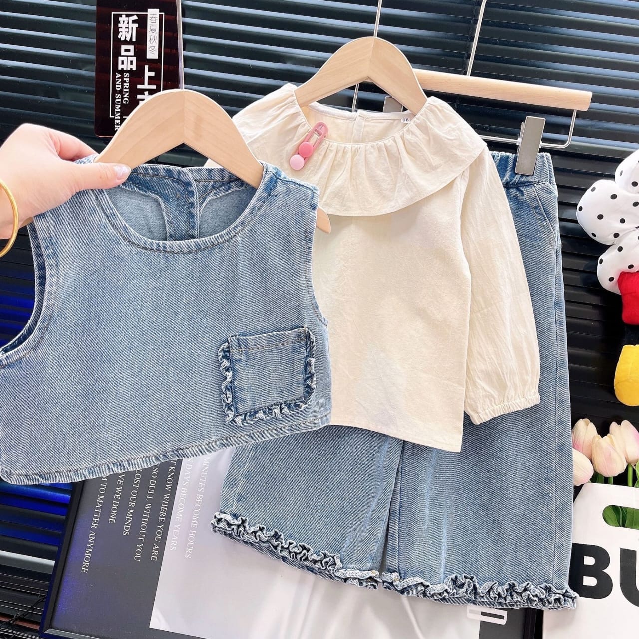 Ruffle Collar Blouse, Denim Vest, and Wide-Leg Pants 3-Piece Set