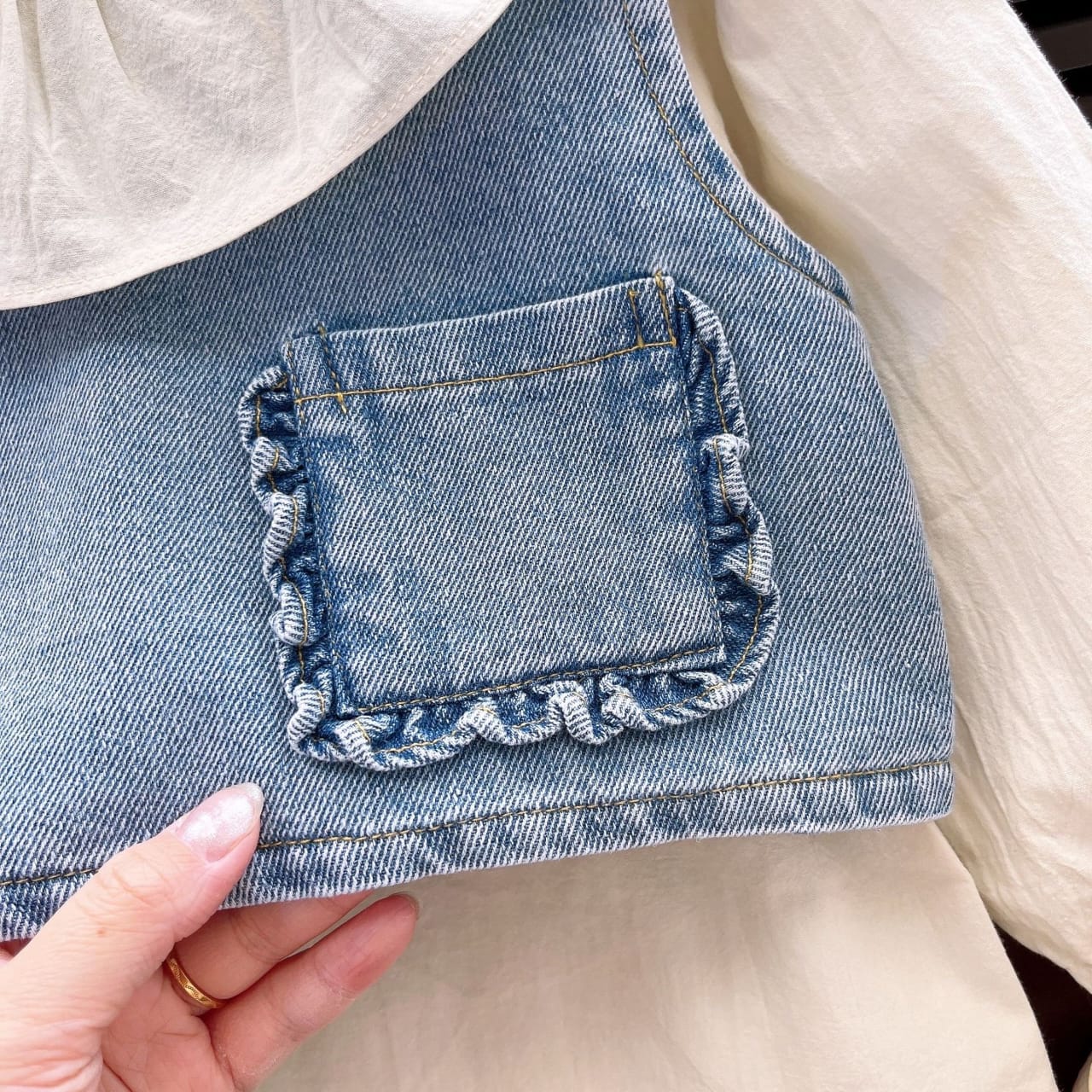 Ruffle Collar Blouse, Denim Vest, and Wide-Leg Pants 3-Piece Set