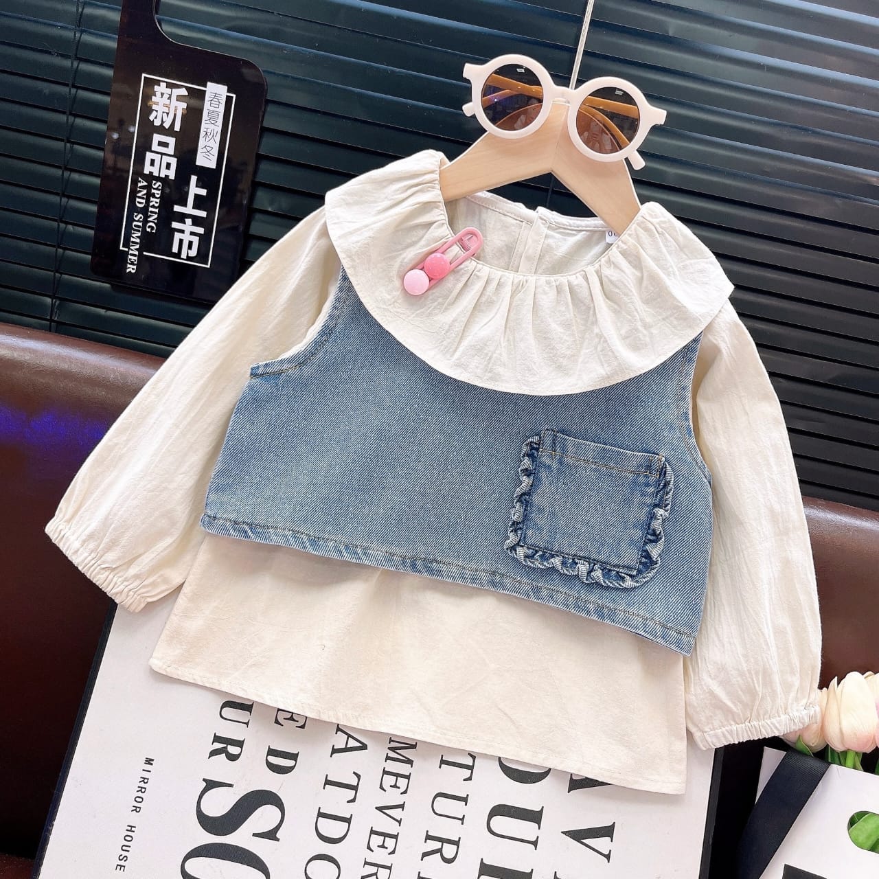 Ruffle Collar Blouse, Denim Vest, and Wide-Leg Pants 3-Piece Set