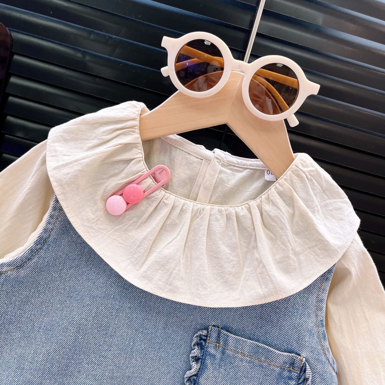 Ruffle Collar Blouse, Denim Vest, and Wide-Leg Pants 3-Piece Set