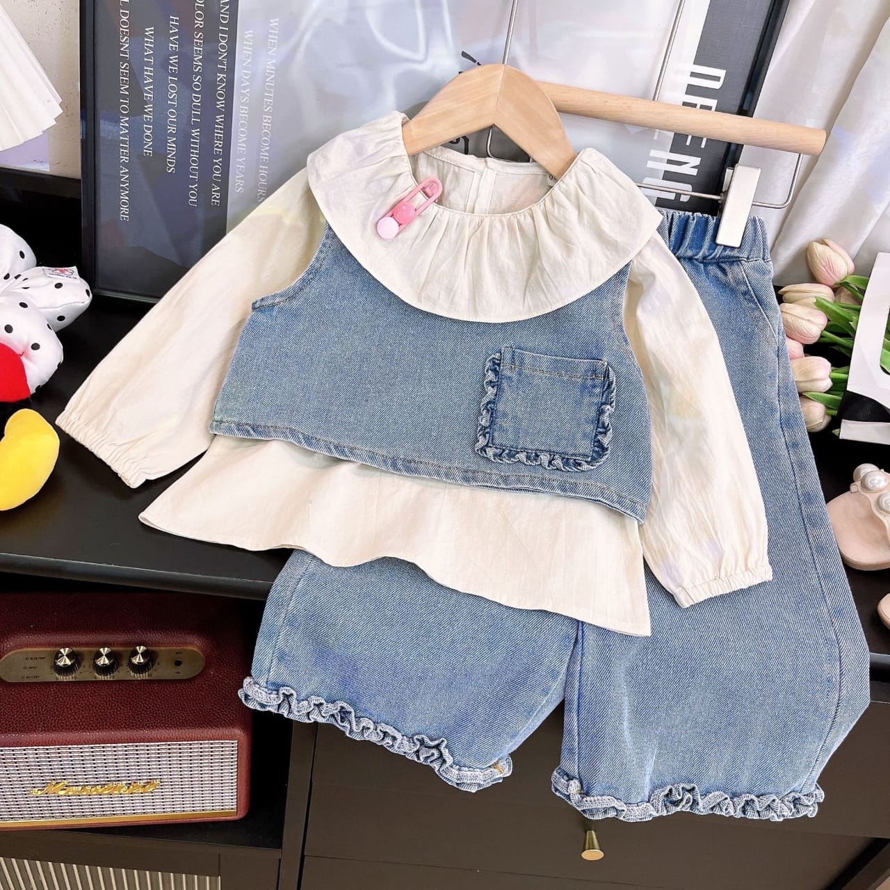 Ruffle Collar Blouse, Denim Vest, and Wide-Leg Pants 3-Piece Set