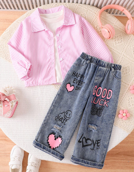 Pink Pixel Striped  Shirt & Denim Set