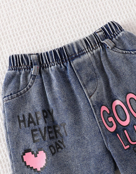 Pink Pixel Striped  Shirt & Denim Set