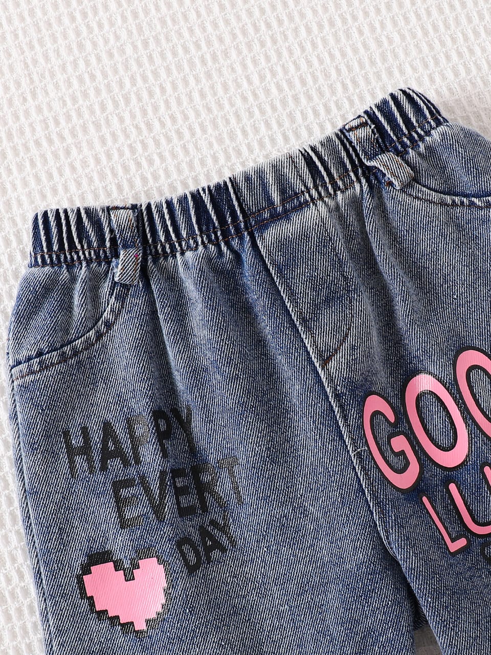 Pink Pixel Striped  Shirt & Denim Set
