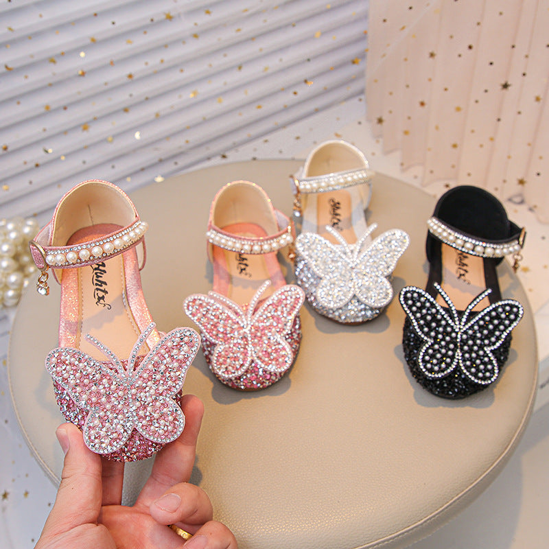 Girls Rhinestone Butterfly Mary Jane Flats