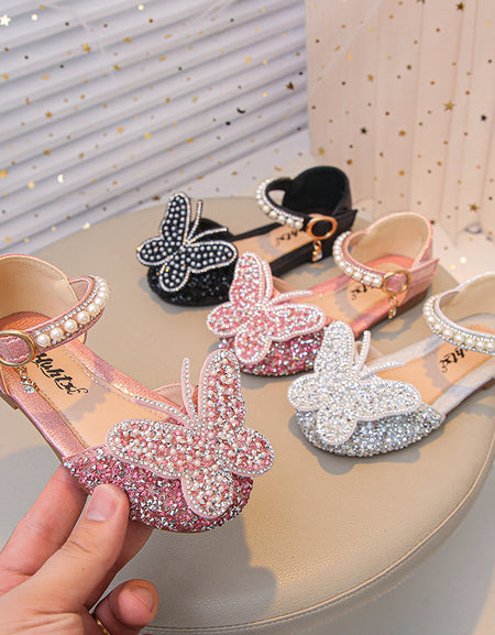Girls Rhinestone Butterfly Mary Jane Flats