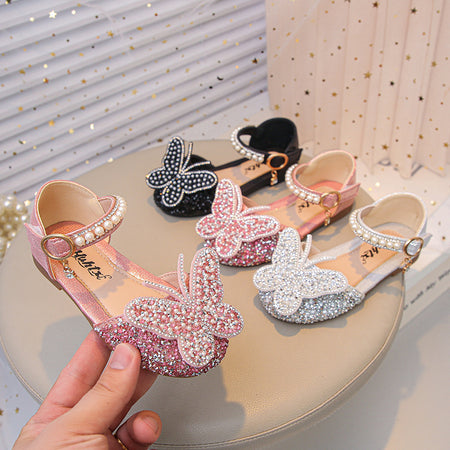Girls Rhinestone Butterfly Mary Jane Flats
