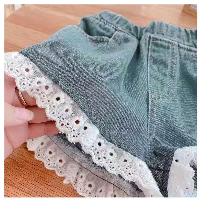 Vintage Eyelet Lace Trim Denim Shorts
