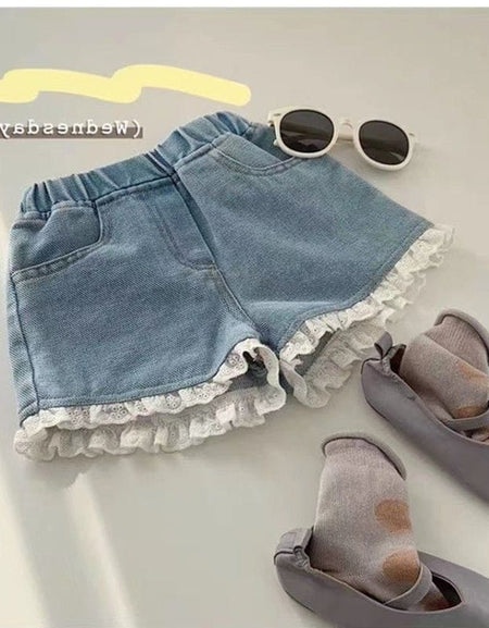 Vintage Eyelet Lace Trim Denim Shorts