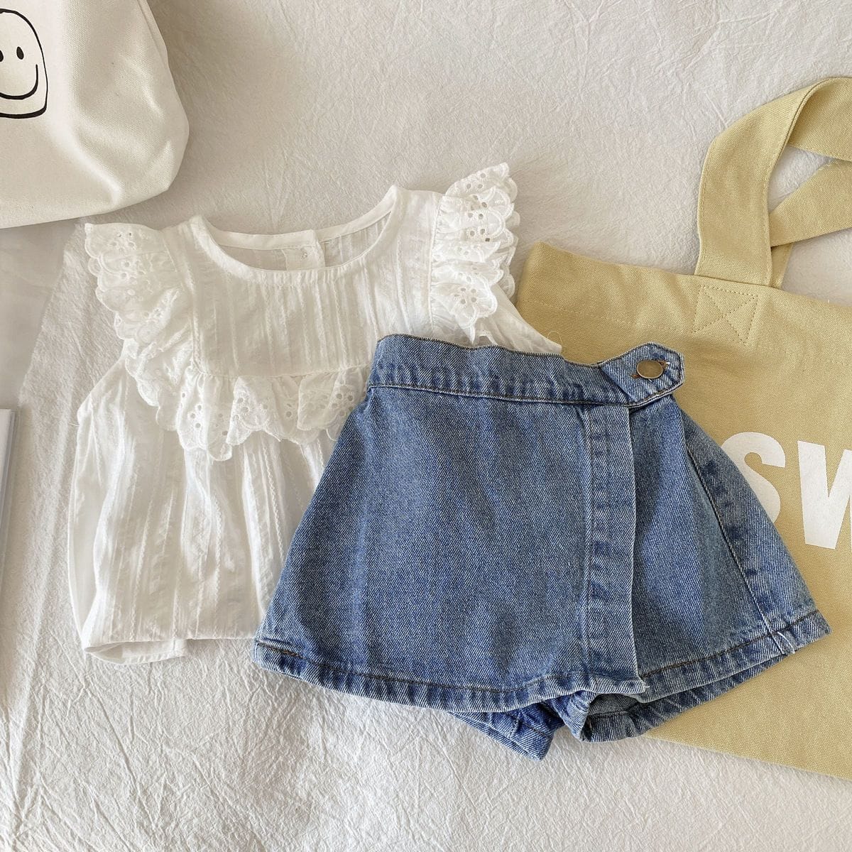 Mini Explorer Asymmetric Denim Skort | Kids Medium Wash Jean Shorts Skirt