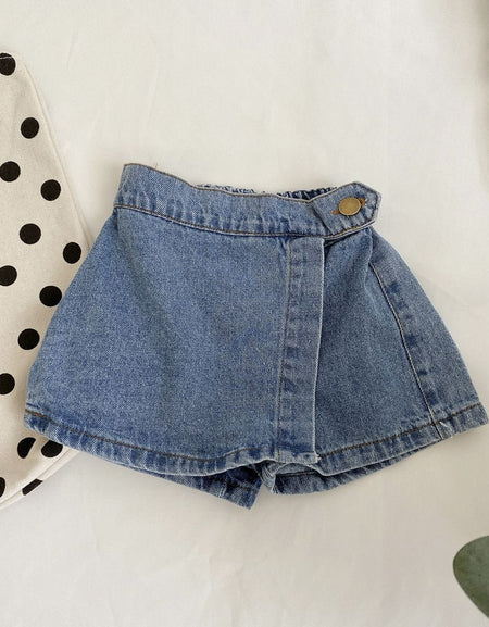 Mini Explorer Asymmetric Denim Skort | Kids Medium Wash Jean Shorts Skirt