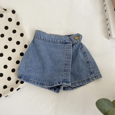 Mini Explorer Asymmetric Denim Skort | Kids Medium Wash Jean Shorts Skirt