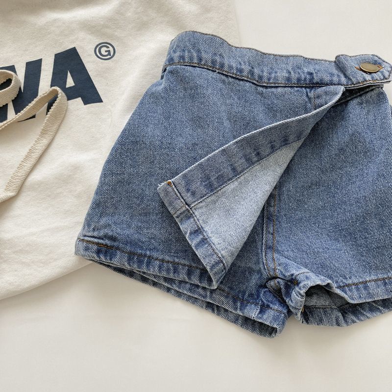 Mini Explorer Asymmetric Denim Skort | Kids Medium Wash Jean Shorts Skirt