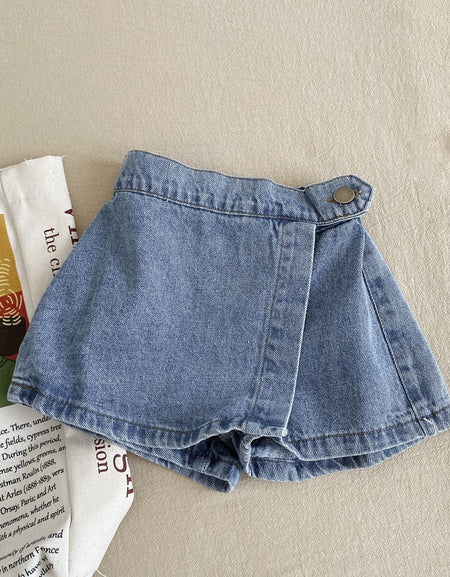 Mini Explorer Asymmetric Denim Skort | Kids Medium Wash Jean Shorts Skirt