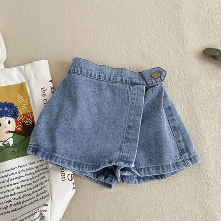 Mini Explorer Asymmetric Denim Skort | Kids Medium Wash Jean Shorts Skirt