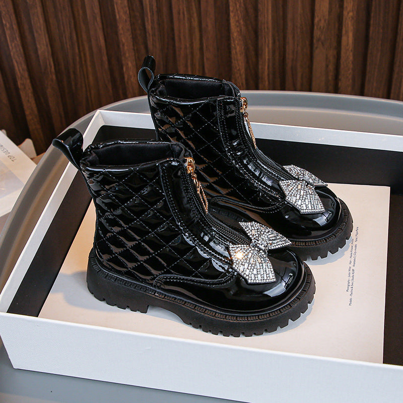 Girls Black Patent Quilted Ankle Boots with Rhinestone Bow & Front Zip