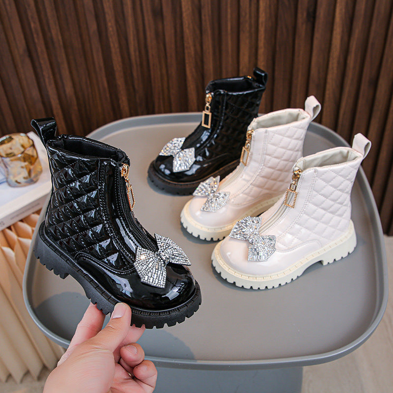 Girls Black Patent Quilted Ankle Boots with Rhinestone Bow & Front Zip