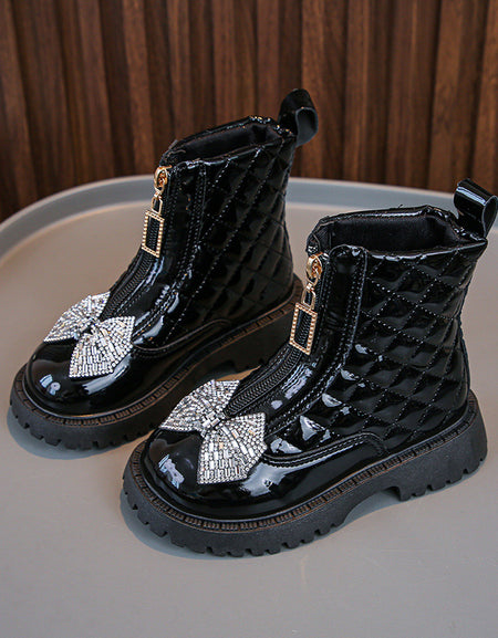 Girls Black Patent Quilted Ankle Boots with Rhinestone Bow & Front Zip