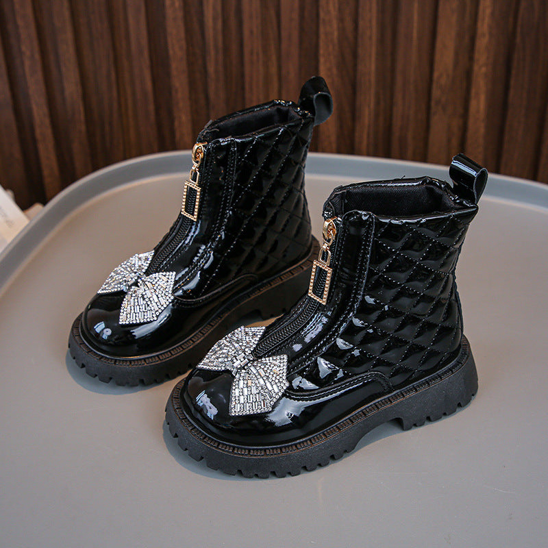Girls Black Patent Quilted Ankle Boots with Rhinestone Bow & Front Zip