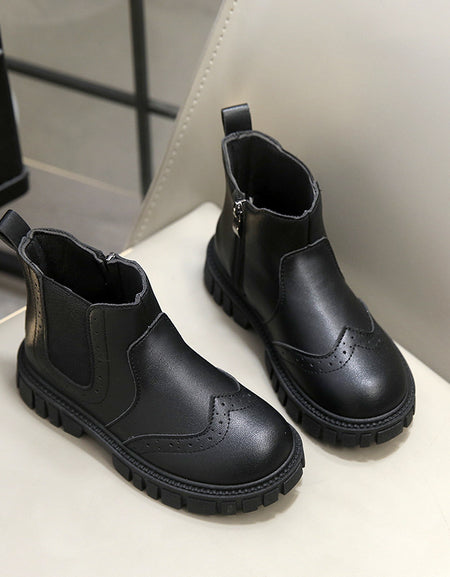 Kids Classic Black Faux Leather Brogue Chelsea Boots