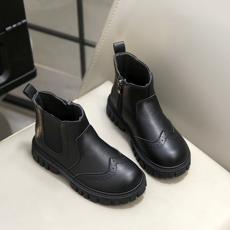 Kids Classic Black Faux Leather Brogue Chelsea Boots
