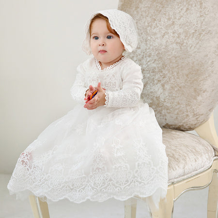Elegant Vintage Lace Christening Gown & Bonnet Set