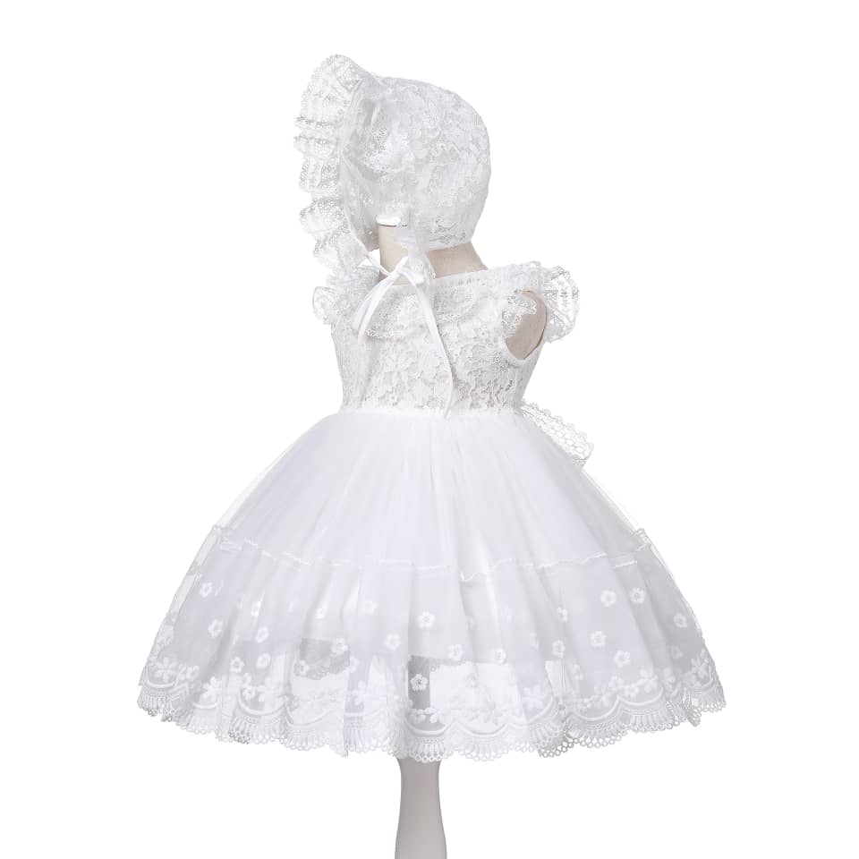 Sleeveless Vintage Lace Baby Christening Gown & Bonnet Set