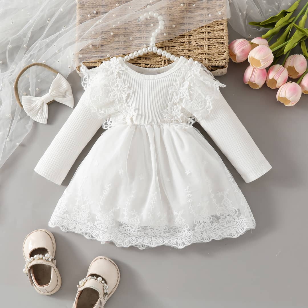 Baby & Toddler Girls Long Sleeve Ribbed Knit Lace Tulle Dress with Matching Headband Set – Ivory White