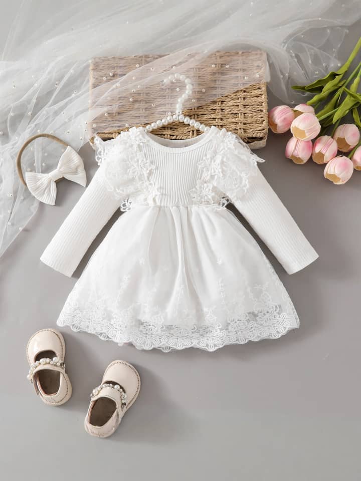 Baby & Toddler Girls Long Sleeve Ribbed Knit Lace Tulle Dress with Matching Headband Set – Ivory White