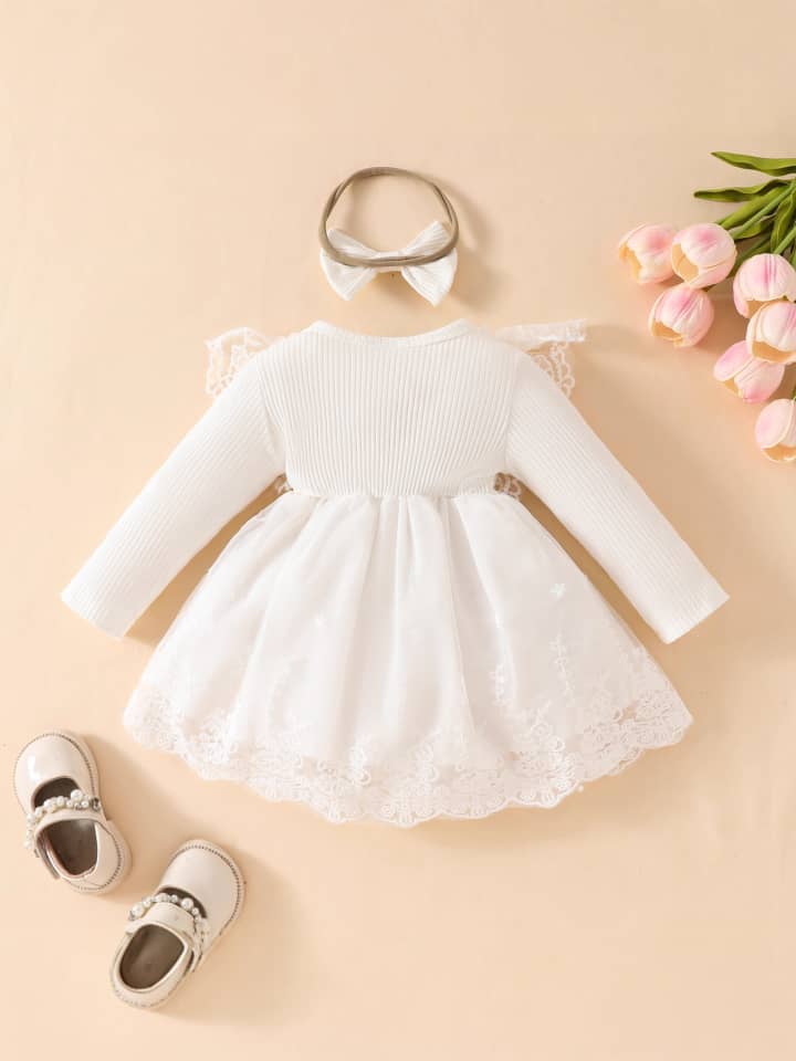 Baby & Toddler Girls Long Sleeve Ribbed Knit Lace Tulle Dress with Matching Headband Set – Ivory White