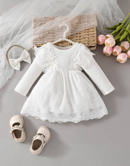 Baby & Toddler Girls Long Sleeve Ribbed Knit Lace Tulle Dress with Matching Headband Set – Ivory White