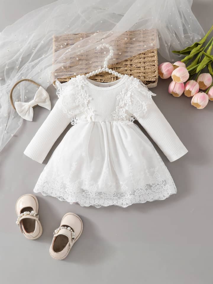 Baby & Toddler Girls Long Sleeve Ribbed Knit Lace Tulle Dress with Matching Headband Set – Ivory White