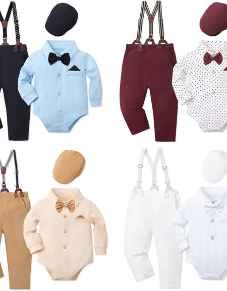 Gentleman's Grace: Baby Boy Formal Suspender & Bowtie Outfit Set (4-Piece) Longsleeve