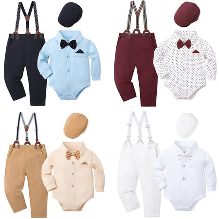 Gentleman's Grace: Baby Boy Formal Suspender & Bowtie Outfit Set (4-Piece) Longsleeve