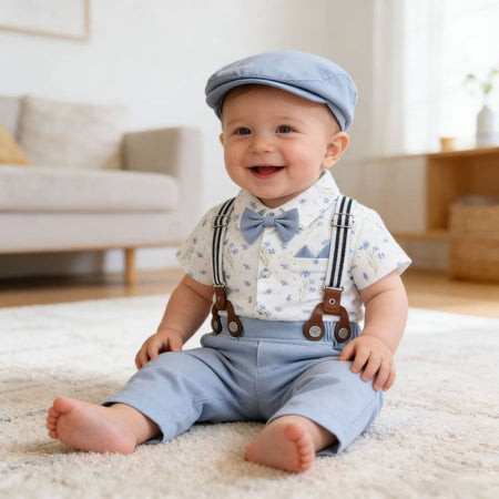 Gentleman's Grace: Baby Boy Formal Suspender & Bowtie Outfit Set (4-Piece) Shortsleeve