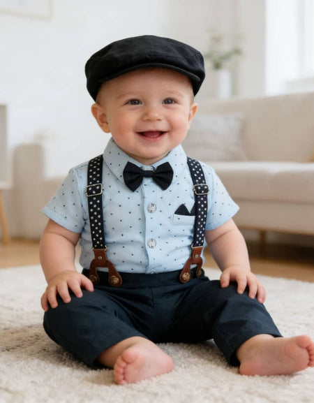 Gentleman's Grace: Baby Boy Formal Suspender & Bowtie Outfit Set (4-Piece) Shortsleeve