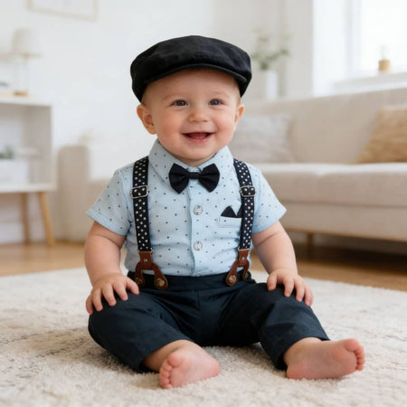 Gentleman's Grace: Baby Boy Formal Suspender & Bowtie Outfit Set (4-Piece) Shortsleeve