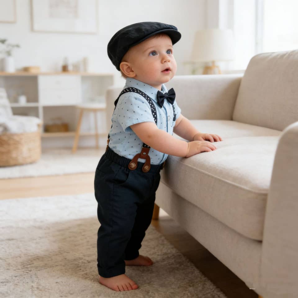 Gentleman's Grace: Baby Boy Formal Suspender & Bowtie Outfit Set (4-Piece) Shortsleeve