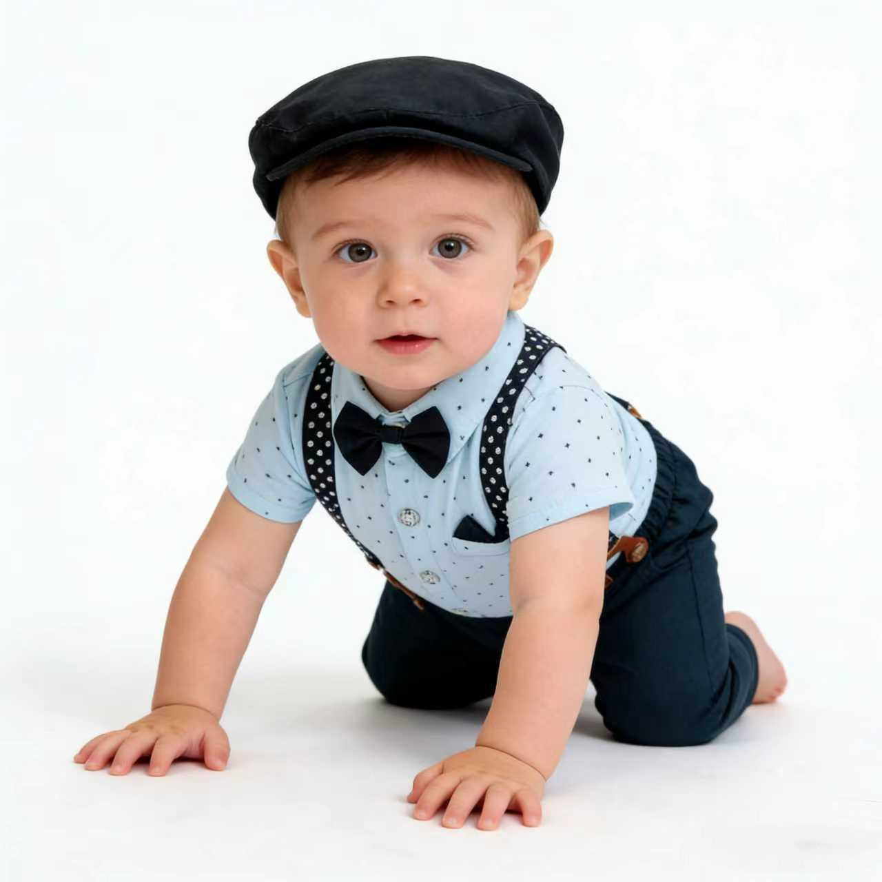 Gentleman's Grace: Baby Boy Formal Suspender & Bowtie Outfit Set (4-Piece) Shortsleeve