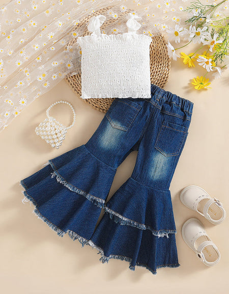 Girls' Smoked Cami Top And Denim Bell Bottoms Set