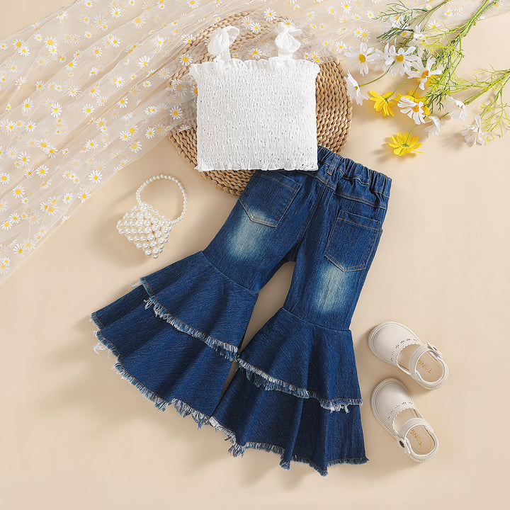 Girls' Smoked Cami Top And Denim Bell Bottoms Set