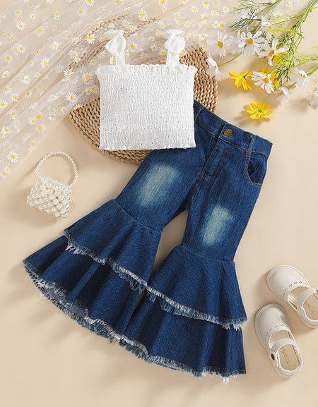 Girls' Smoked Cami Top And Denim Bell Bottoms Set
