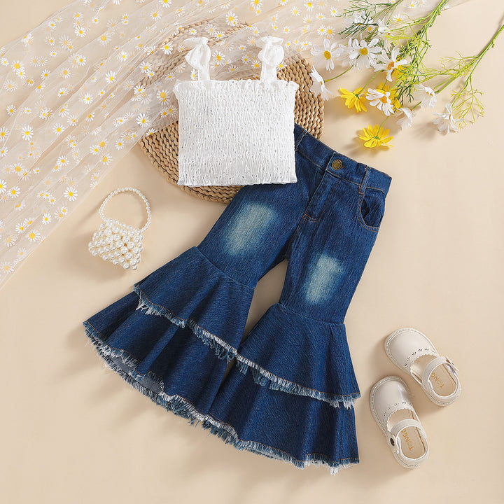 Girls' Smoked Cami Top And Denim Bell Bottoms Set