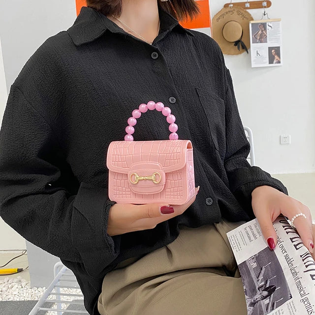 Elegant Girls Pearl Handle Jelly Mini Bag.
